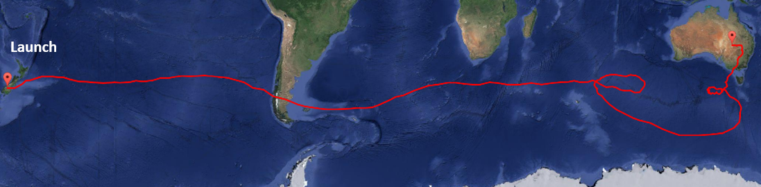 This map shows the eastward trajectory of a Super Pressure Balloon launched from New Zealand